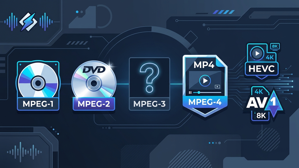 MPEG-1, MPEG-2, kayıp MPEG-3, MPEG-4, HEVC ve AV1 video kodekleri grafiği
