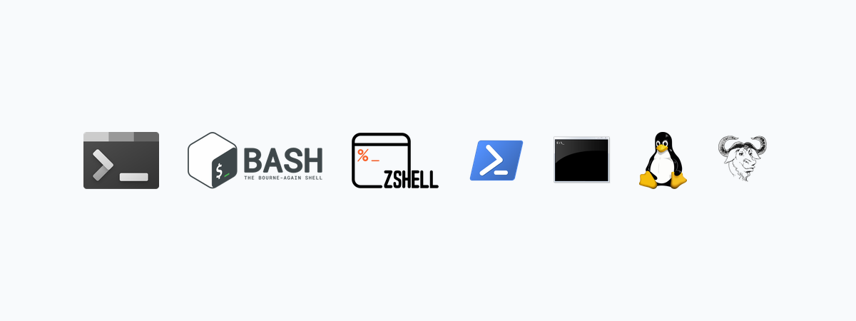 Shell, Terminal, Bash, Zsh, PowerShell ve Linux logoları