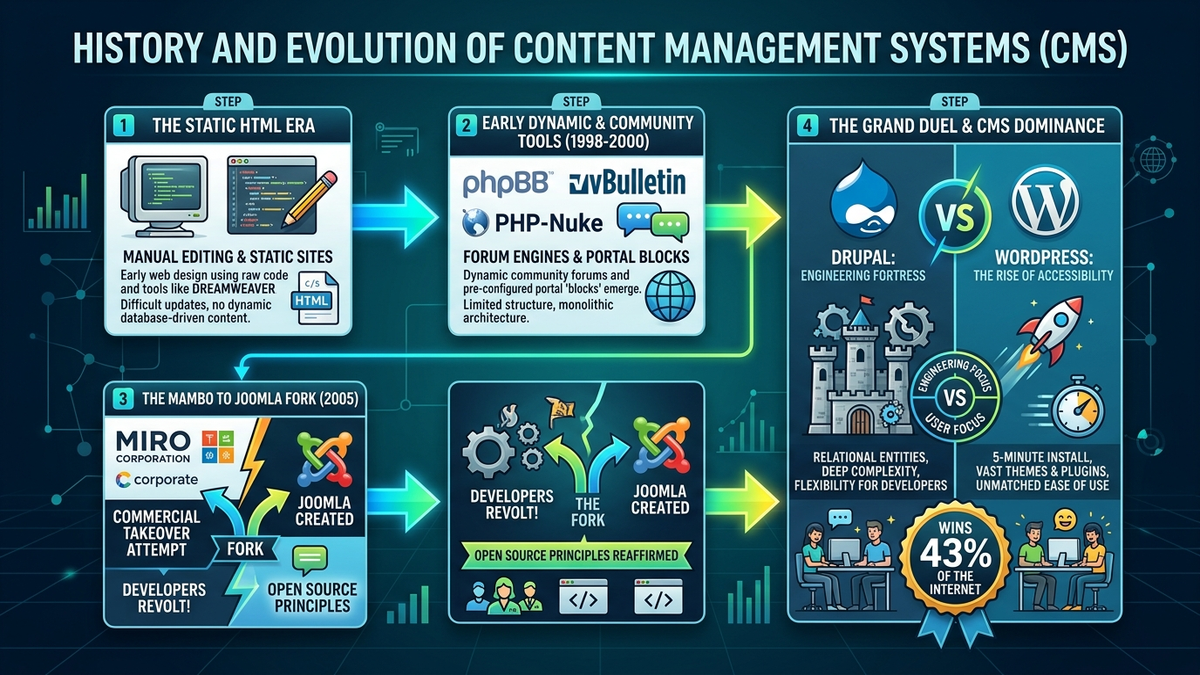 CMS Tarihi ve Evrimi: Statik HTML'den Drupal ve WordPress Düellosuna