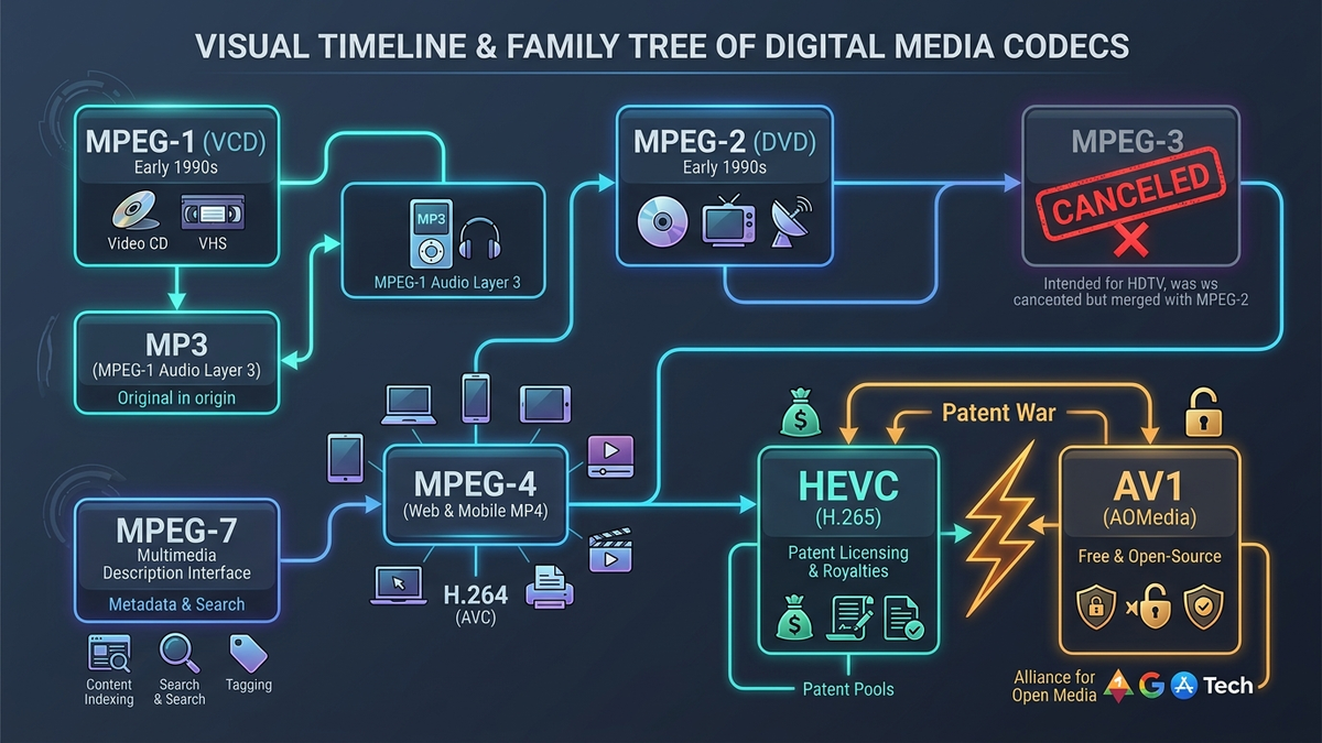 Visual Timeline and Family Tree of MPEG and Digital Media Codecs