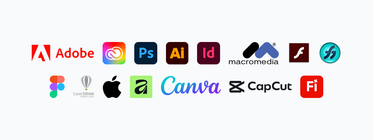 Adobe, Affinity, Canva, CapCut, Figma ve diğer bahsi geçen markaların logoları