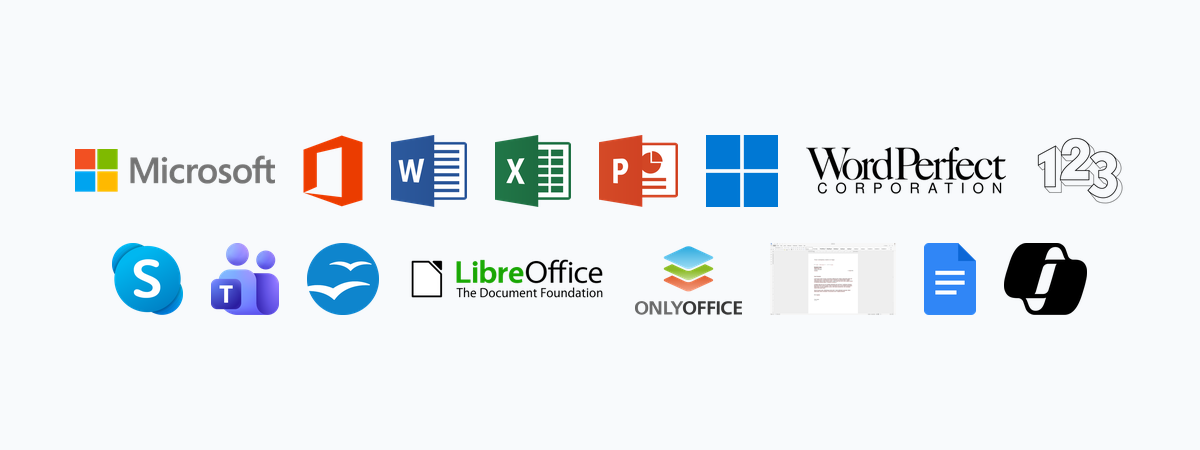 Microsoft Office, LibreOffice, OnlyOffice, Euro-Office ve diğer bahsi geçen yazılımların logoları